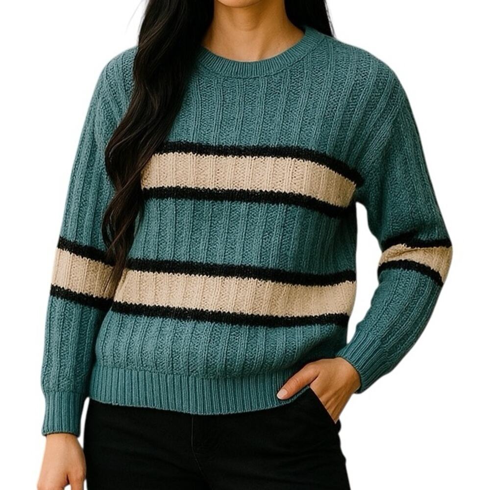 Vintage 80s Metallic Shimmer Striped Knit Sweater Adult M Aqua Silver Crewneck